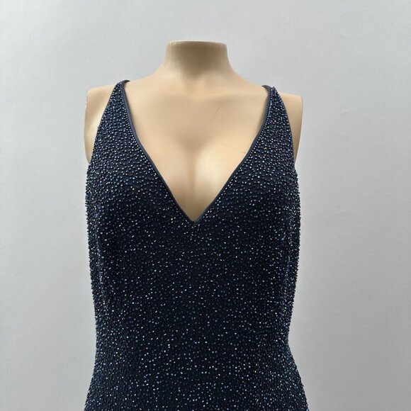 Y2K Bieff Basix Silk V-Neck Beaded Sleeveless Cocktail Dress Navy Blue Womens 12 - Picture 10 of 10